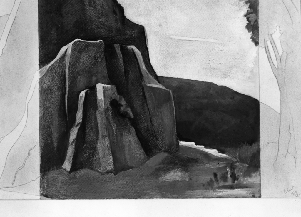 paesaggio con rocce in primo piano (dipinto) di Conti Primo (sec. XX)