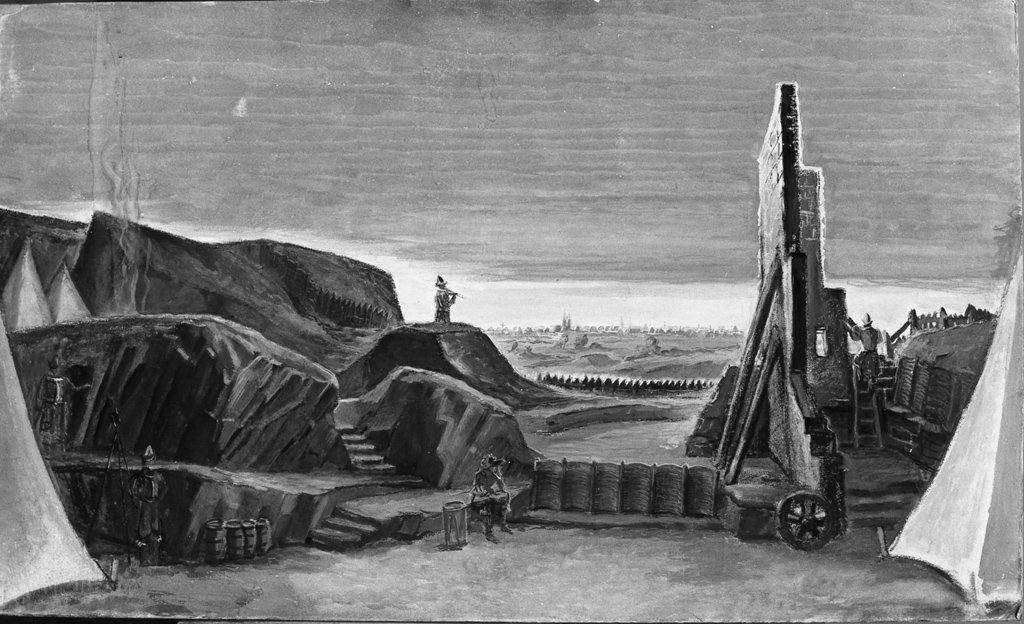 paesaggio con strutture difensive e la città di Arras sullo sfondo (dipinto) di Oppo Cipriano Efisio (sec. XX)