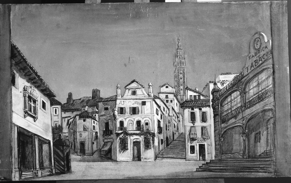 una piazza di Siviglia (dipinto) di Oppo Cipriano Efisio (sec. XX)