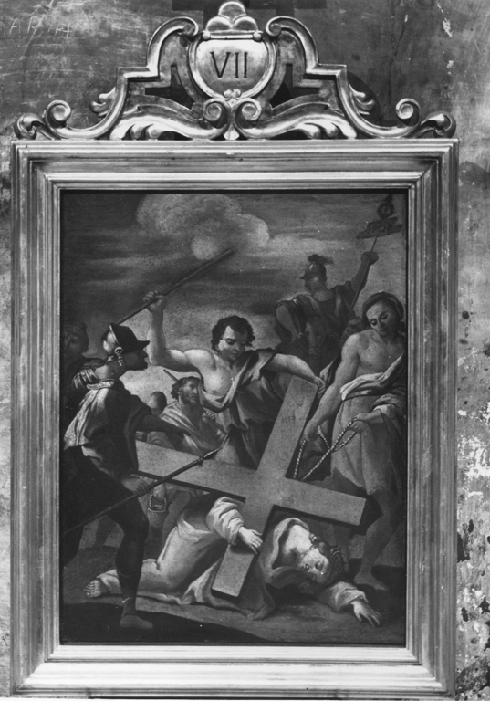 stazione VII: Gesù cade sotto la croce la seconda volta (dipinto) - ambito romano (seconda metà sec. XVIII)