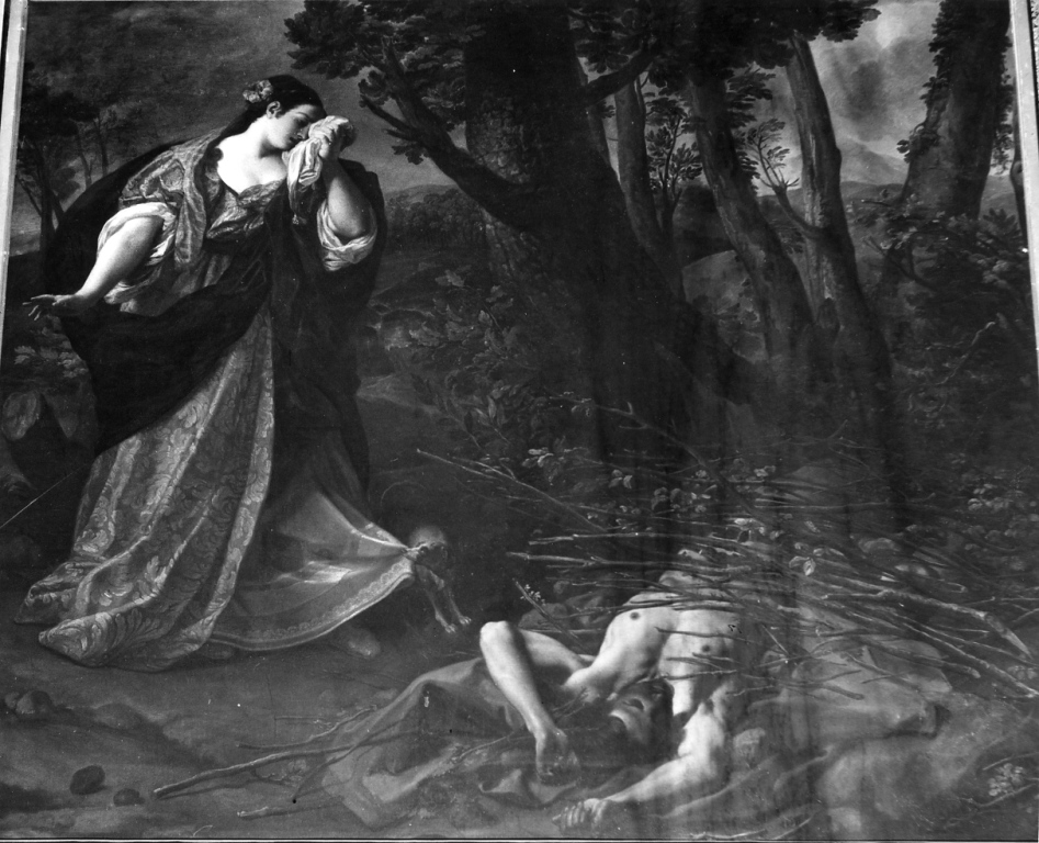 Santa Margherita da Cortona scopre il cadavere dell'uomo amato (dipinto) di Benefial Marco (sec. XVIII)