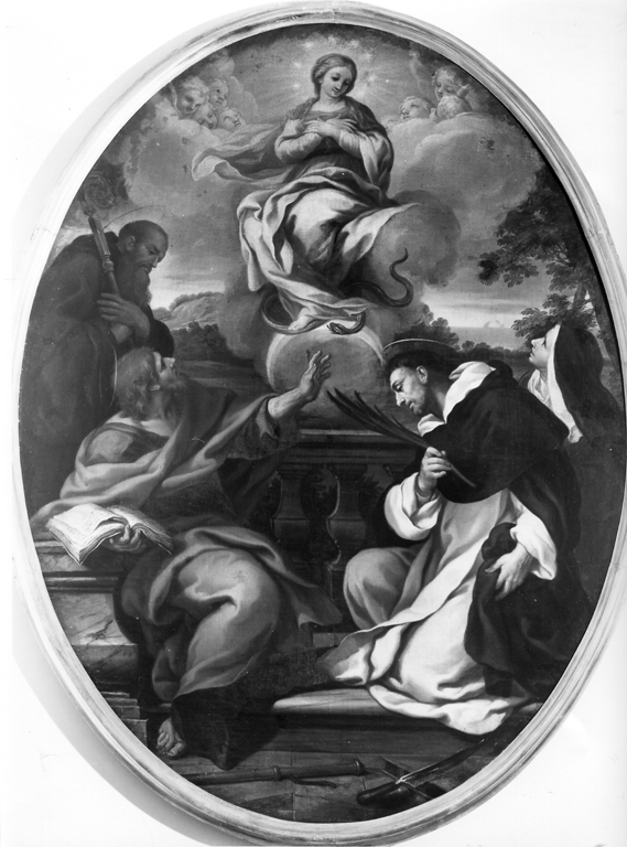 Madonna Immacolata e Santi (dipinto, opera isolata) di Berrettini Pietro detto Pietro da Cortona (cerchia) (seconda metà sec. XVII)