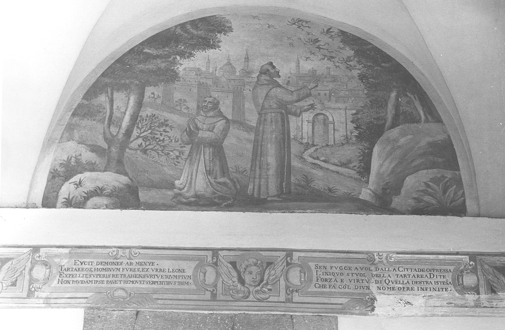 San Francesco d'Assisi scaccia i demoni dalla città (dipinto) di Sguary Giovanni Antonio (inizio sec. XVIII)