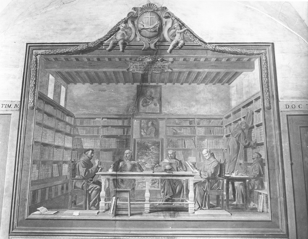 quattro studiosi francescani in biblioteca (dipinto) di Emanuele da Como (sec. XVII)