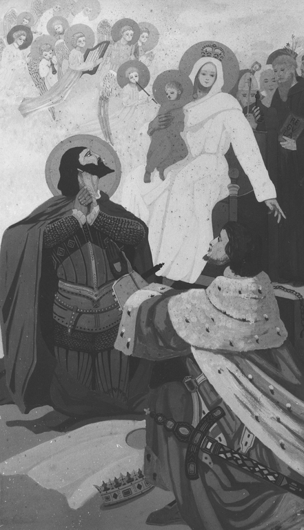 Madonna con Bambino San Pietro Nolasco e San Giacomo I (dipinto) di Del Chiappa Beppe (sec. XX)