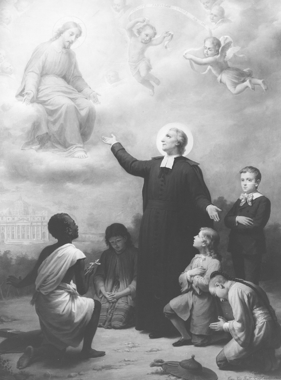 San Giovanni Battista de la Salle con i fanciulli e Gesù Cristo (dipinto) di Gagliardi Giovanni (sec. XX)