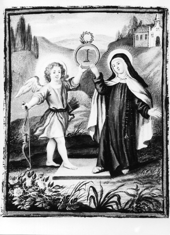 Santa Teresa d'Avila e l'Amor Sacro sorreggono coroncina (miniatura) - ambito romano (secc. XVII/ XVIII)