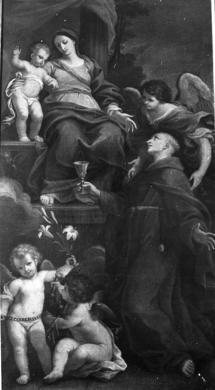Madonna con Bambino, frate francescano, angeli (dipinto) di Garzi Luigi (attribuito) (seconda metà sec. XVII)