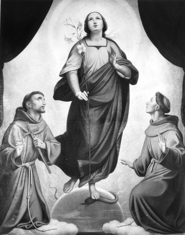 Immacolata Concezione, Sant'Antonio, San Francesco (dipinto) di Kuchler Albert detto Fra Pietro da Copenhagen (sec. XIX)