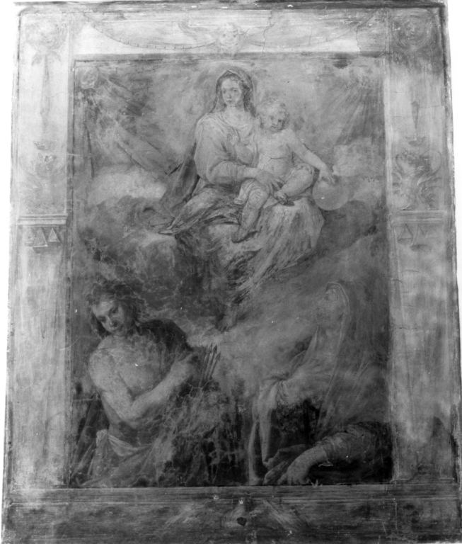 Madonna con bambino, San Sebastiano, Santa Lucina (dipinto) di Montagna Marco Tullio (sec. XVII)