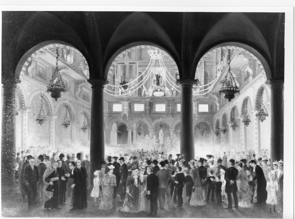 festa nel cortile De Merode per la beatificazione di San Giovanni Battista De La Salle (dipinto) di Del Don Martino (sec. XIX)