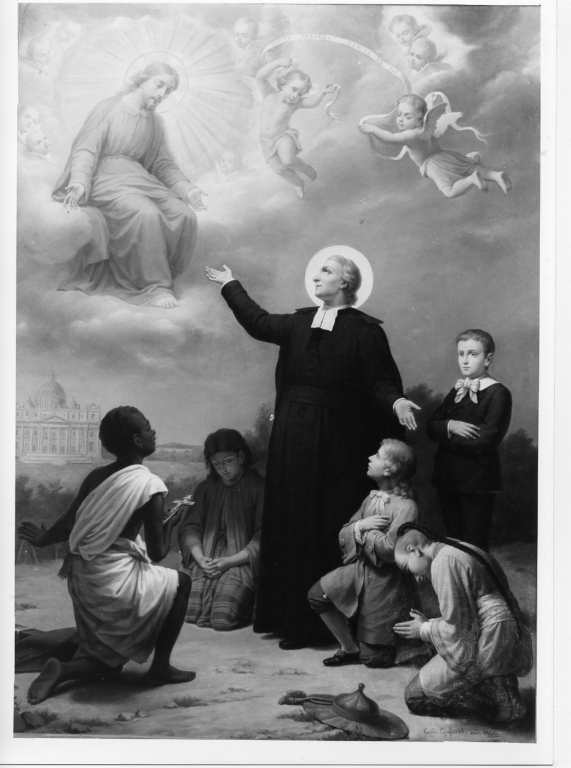 San Giovanni Battista De La Salle evangelizza le cinque parti del mondo (dipinto) di Gagliardi Giovanni (sec. XX)