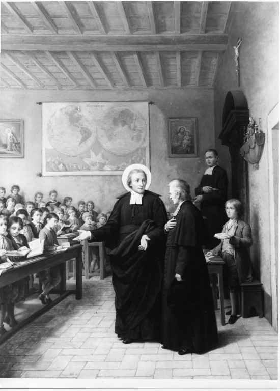San Giovanni Battista De La Salle in un'aula (dipinto) di Gagliardi Giovanni (sec. XX)