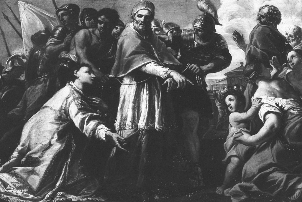 incontro tra San Lorenzo e papa Sisto II (dipinto) di Ricciolini Michelangelo (sec. XVII)