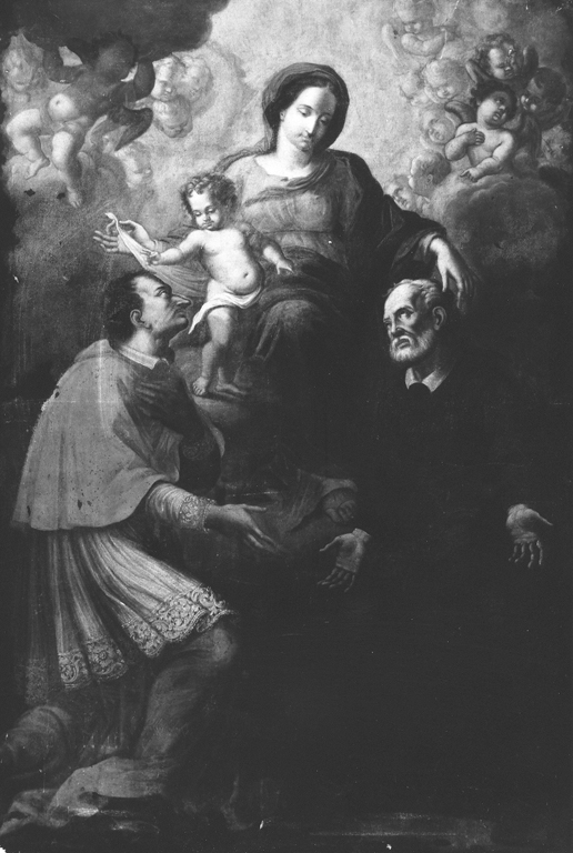 Madonna con Bambino in trono con San Carlo Borromeo e San Giuseppe Calasanzio (dipinto) di Ricciolini Michelangelo (sec. XVIII)