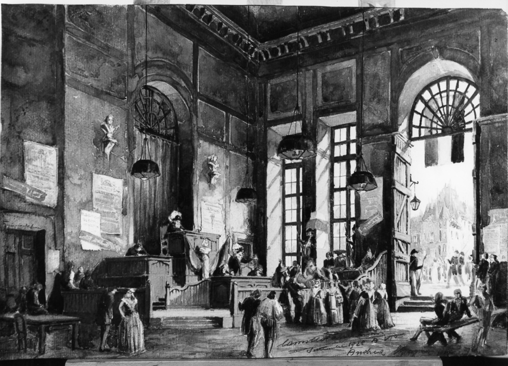 interno della sala del Comitato di Salute Pubblica (bozzetto per scenografia) di Parravicini Camillo (sec. XX)