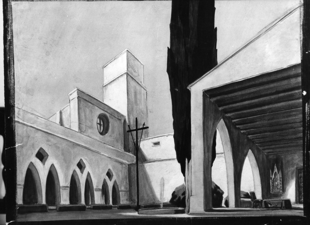 cortile di un convento (bozzetto per scenografia) di Parravicini Camillo (sec. XX)