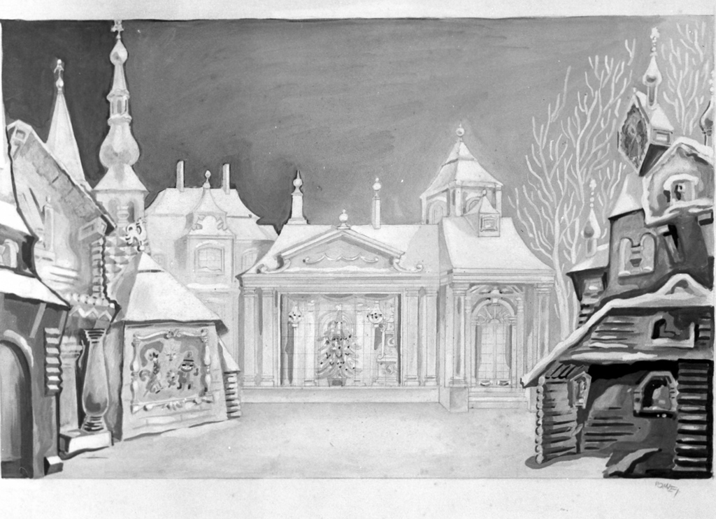 veduta di case con palazzo al centro (dipinto) di Pompei Mario (sec. XX)