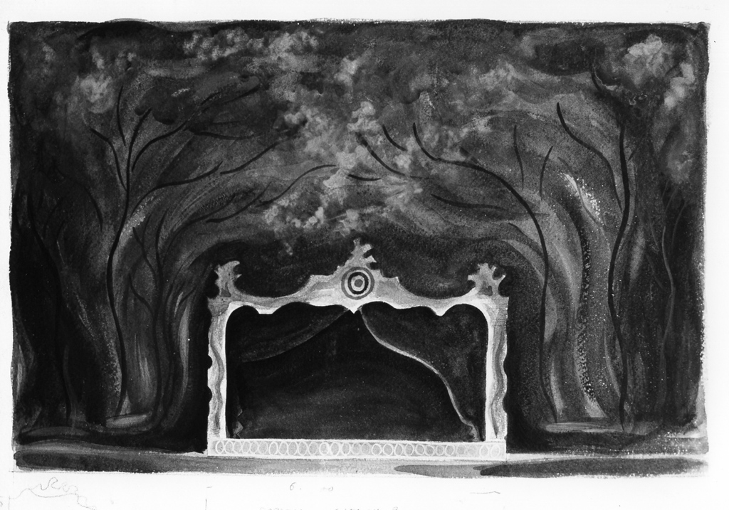 bosco con palcoscenico (dipinto) di Pompei Mario (sec. XX)