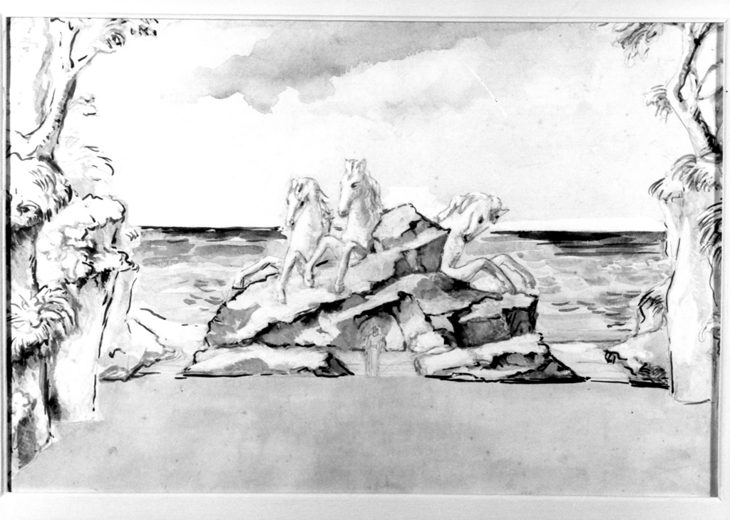 spiaggia con rocce etre cavalli (dipinto) di Sensani Gino Carlo (sec. XX)