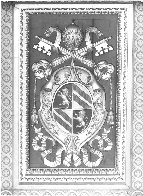 stemma papale di Pio IX (rilievo) di Servi Gaspare, Cocca Filippo, Celli Giovan Battista (sec. XIX)