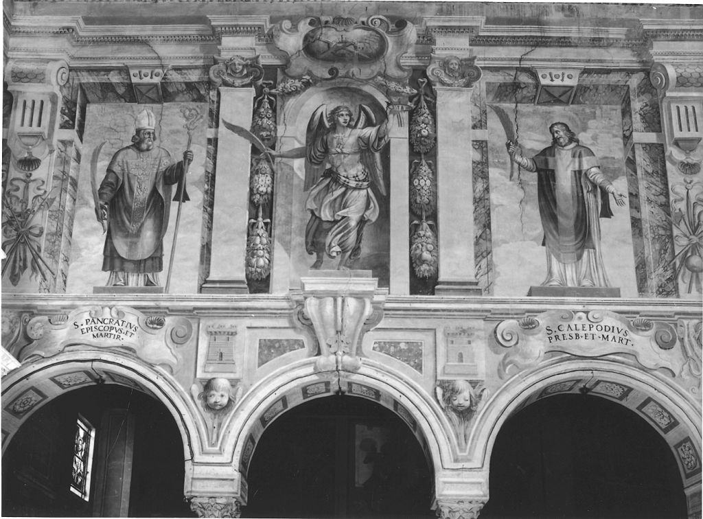 San Pancrazio vescovo, arcangelo con i simboli del martirio e San Calepodio (dipinto) di Tempesta Antonio (secc. XVI/ XVII)