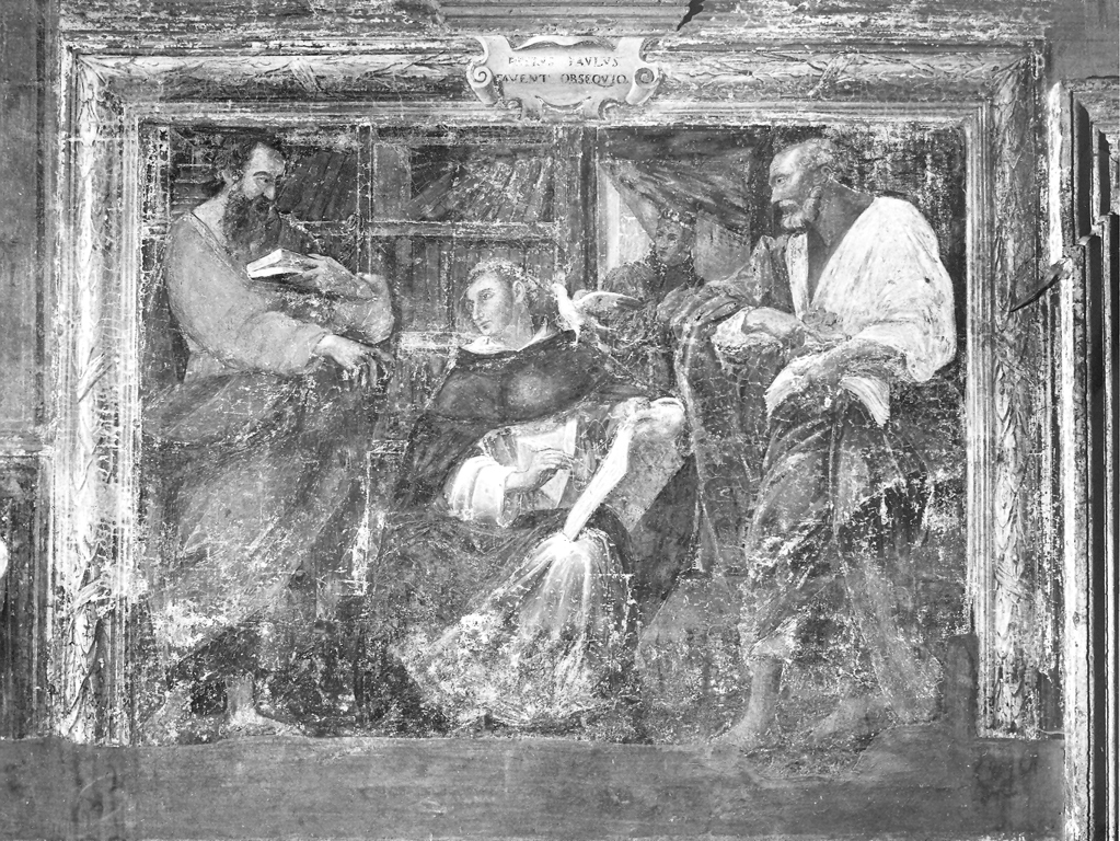 San Tommaso d'Aquino presenta la Summa ai Santi Pietro e Paolo (dipinto) di Coronati Carlantonio (scuola) (sec. XVIII)
