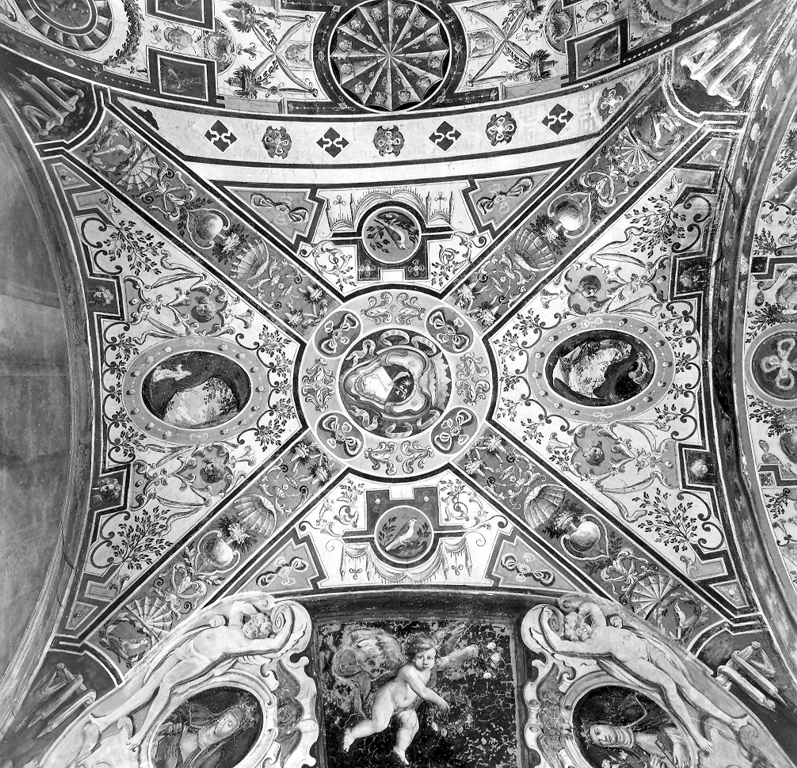 grottesche, paesaggi con eremiti e stemma domenicano (dipinto) - ambito romano (sec. XVII)