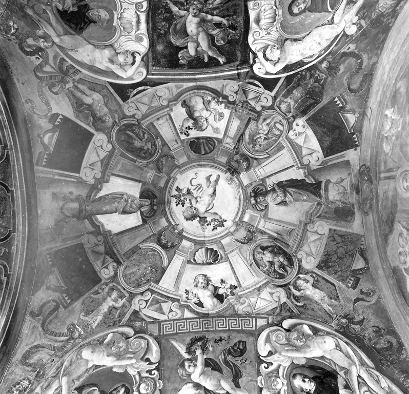 quadratura con putti, quattro stagioni e figure simboliche (dipinto) - ambito romano (sec. XVII)