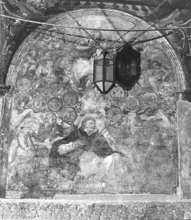 Madonna del Rosario con San Domenico e albero dei misteri del rosario (dipinto) di Torelli Cesare (sec. XVII)