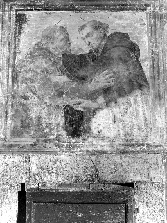 incontro tra San Francesco e San Domenico (dipinto) di Ruggeri Giovanni Battista detto Battistino dei Gessi (attribuito) (sec. XVII)