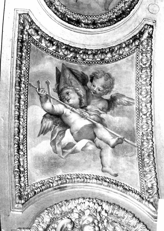 Angeli in volo con mitria e croce (dipinto) di Orazi Andrea Antonio (attribuito) (sec. XVIII)