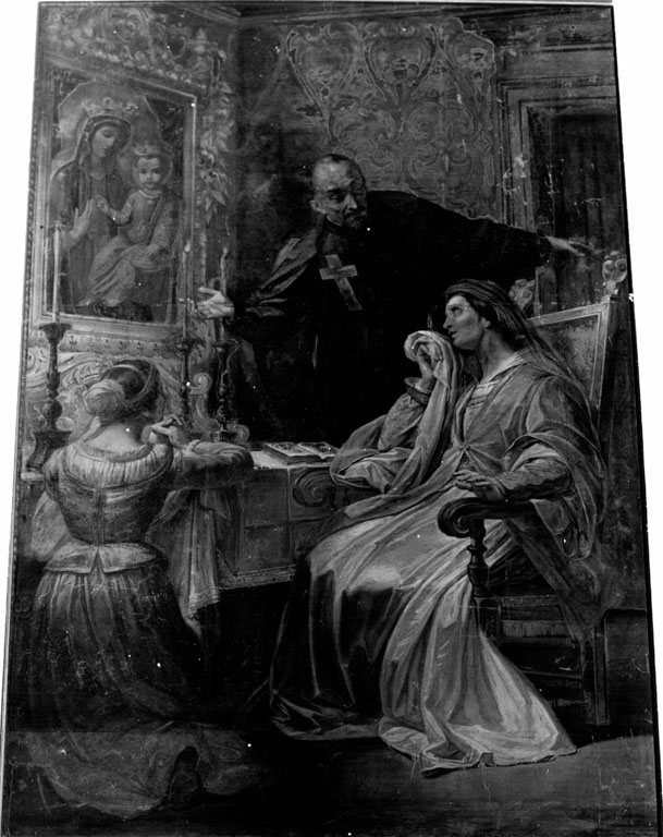 Padre Simonio con Settimia de' Nobili davanti all'immagine della Madonna della Salute (dipinto) di Gagliardi Pietro (attribuito) (sec. XIX)