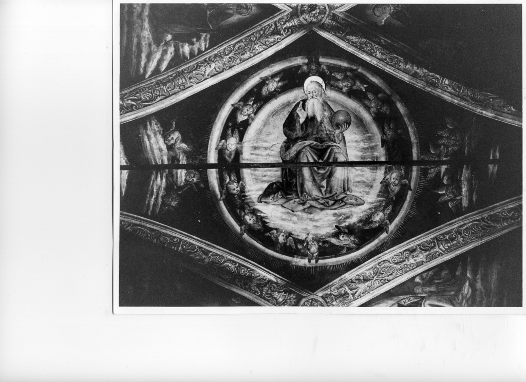 Dio Padre tra gli Evangelisti, Santi, madonna della Misericordia (decorazione pittorica) di Antonio da Viterbo (sec. XV)