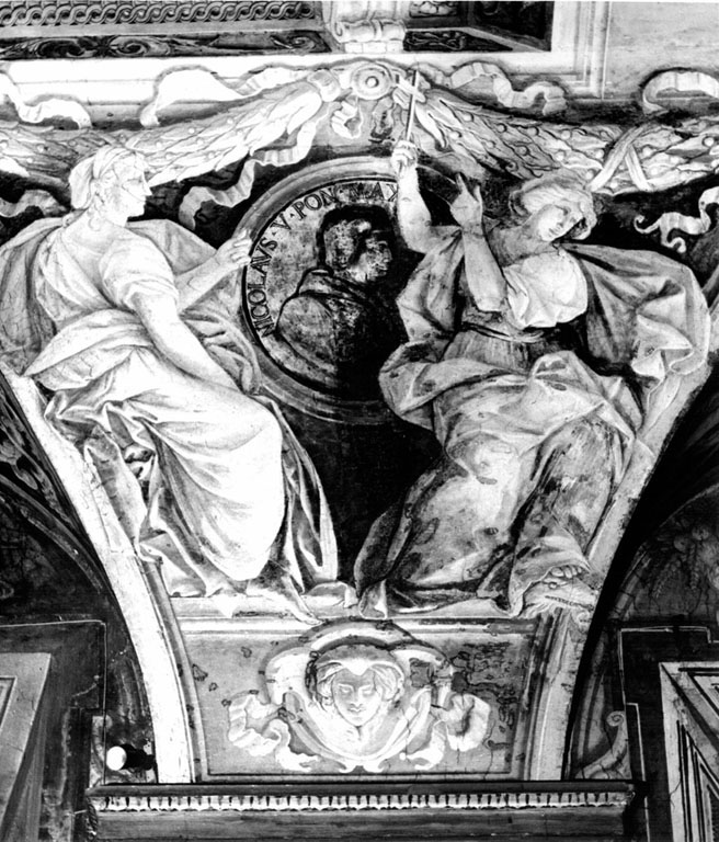 Figure allegoriche con medaglione ritratto di Niccolò V (dipinto) - ambito fiammingo (sec. XVII)