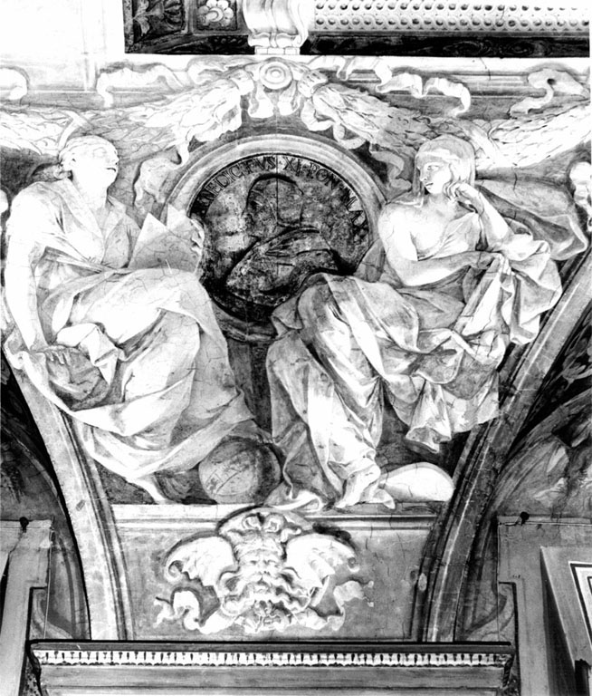 Figure allegoriche con medaglione ritratto di Benedetto XI (dipinto) - ambito fiammingo (sec. XVII)