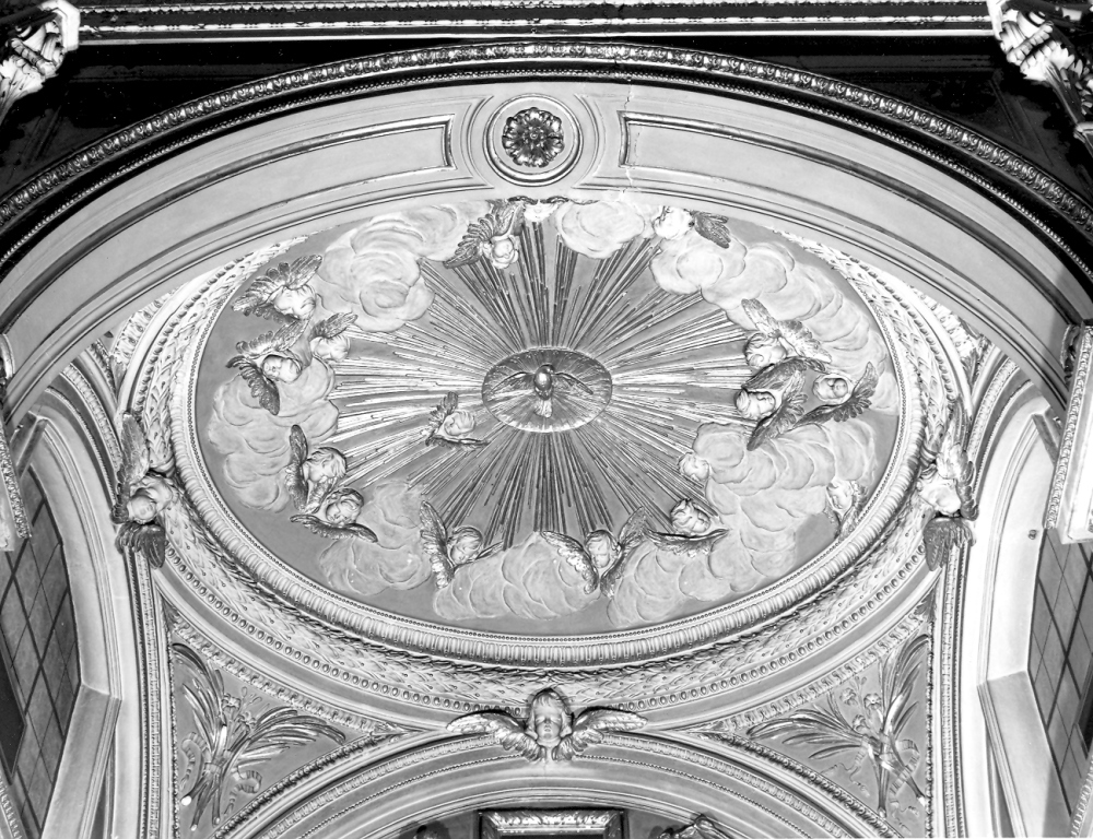 cornice con cherubini tra le nuvole con la colomba dello Spirito Santo (decorazione plastica) di Cometti Antonio, Cometti Carlo (sec. XVII)