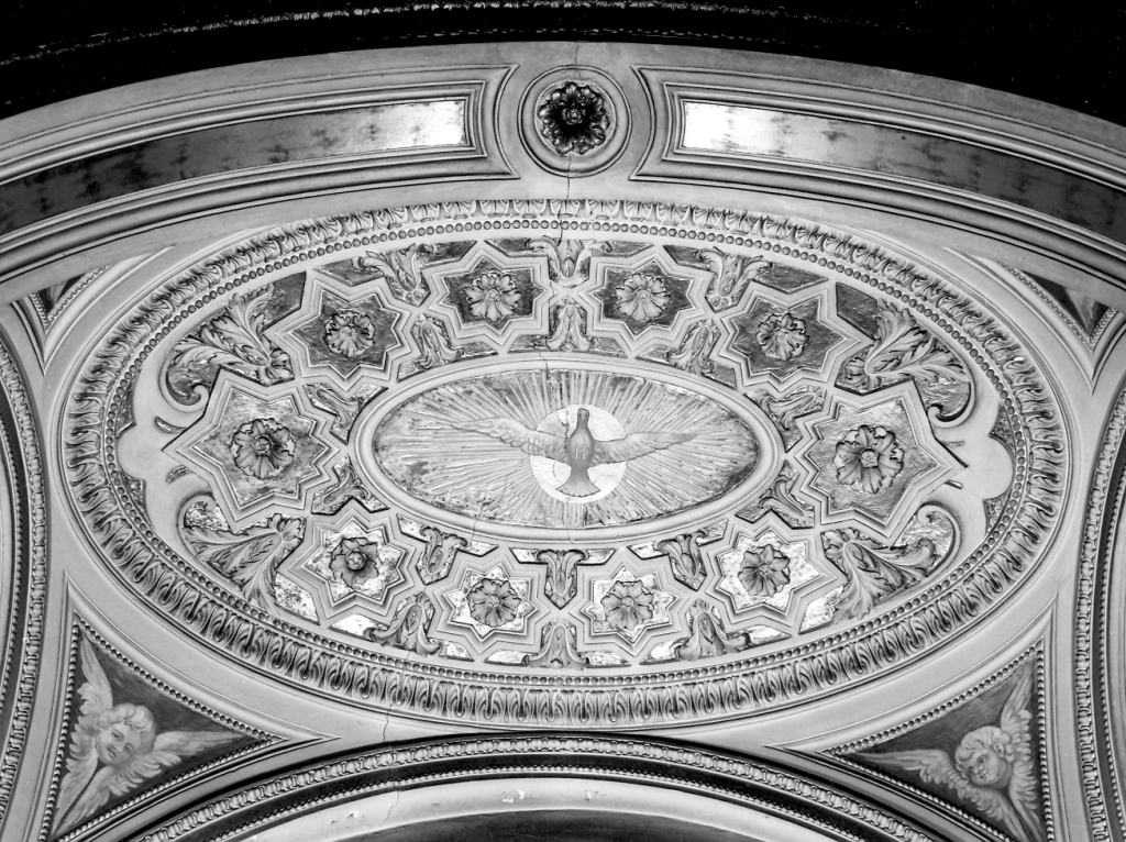 cornice con motivi decorativi geometrici con fiori, foglie di acanto e colomba dello Spirito Santo (decorazione plastica) di Cometti Antonio, Cometti Carlo (sec. XVII)