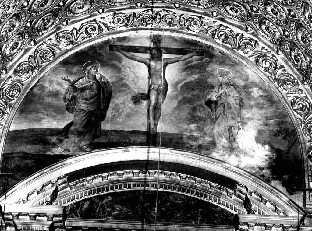 Gesù crocifisso tra la Madonna e San Giovanni (dipinto) di Baldini Pietro Paolo (seconda metà sec. XVII)