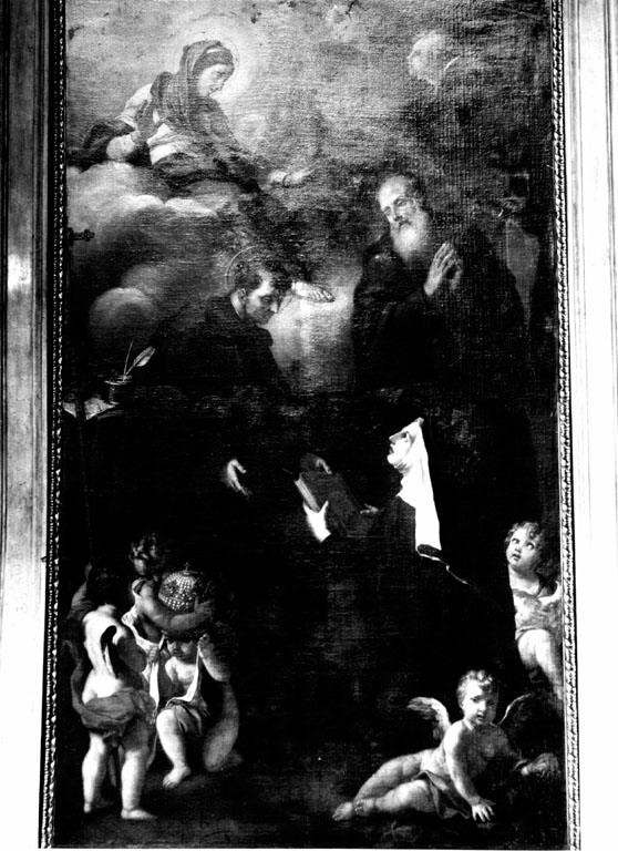 San Filippo Benizi assistito dal Beato Alessio Falconieri che consegna il libro della regola alla Beata Giuliana Falconieri (pala d'altare) di Ghezzi Pier Leone (sec. XVIII)