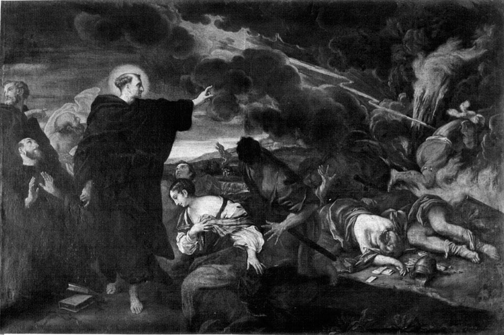 San Filippo Benizi fulmina i bestemmiatori (dipinto) di Rioli Francesco (sec. XVII)