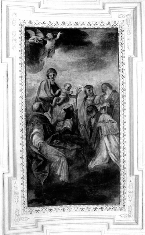 Madonna con Bambino fra sant'Ignazio di Loyola san Francesco Saverio san Cosma e san Damiano (dipinto) di Sacchi Andrea (sec. XVII)