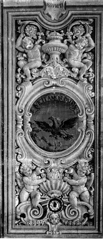 Clipeo con simbolo e iscrizione in cornice decorativa (decorazione pittorica, serie) di Courtois Jacques detto Borgognone (bottega) (sec. XVII)