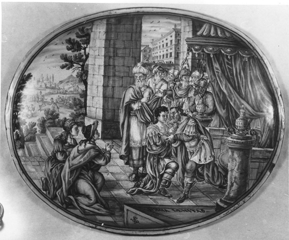 re che accoglie giovane armato (targa) di Grue Francesco Antonio Saverio (inizio sec. XVIII)