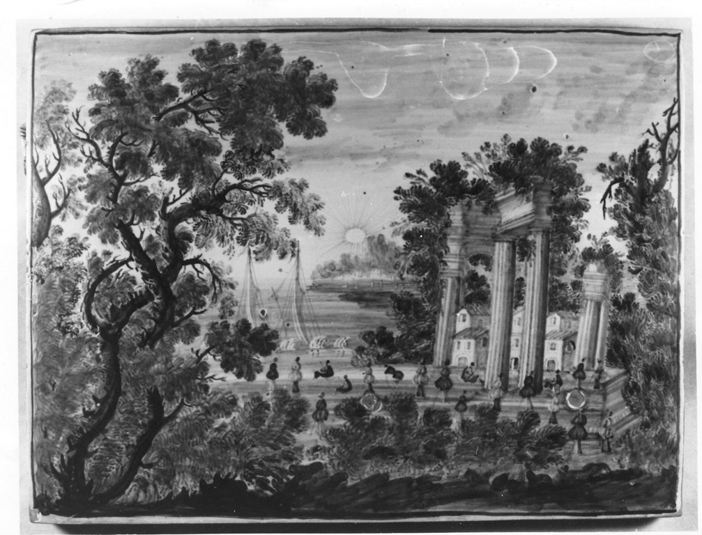 paesaggio con rovine (targa) di Grue Antonio Carlo (scuola) (fine sec. XVII)