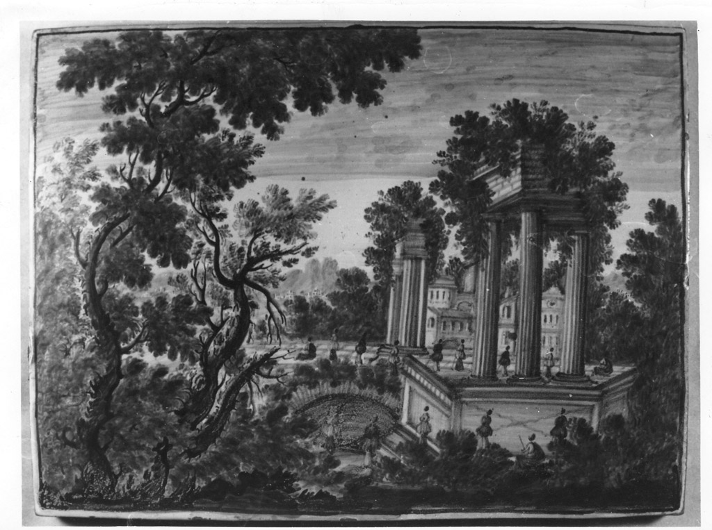 paesaggio con rovine (targa) di Grue Antonio Carlo (scuola) (fine sec. XVII)