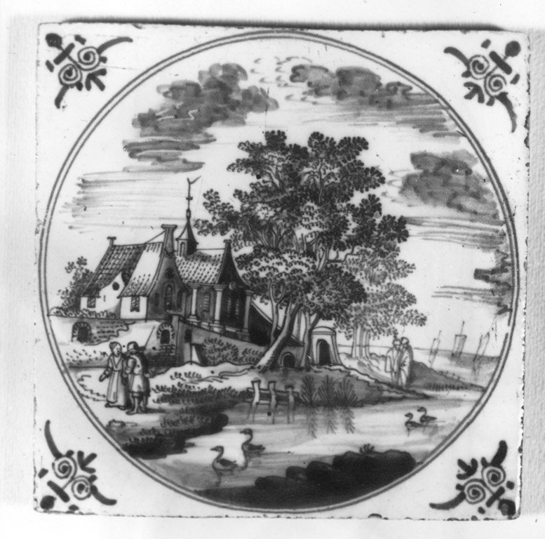 paesaggio in riva al mare con villa (mattonella) - manifattura di Delft (prima metà sec. XVIII)