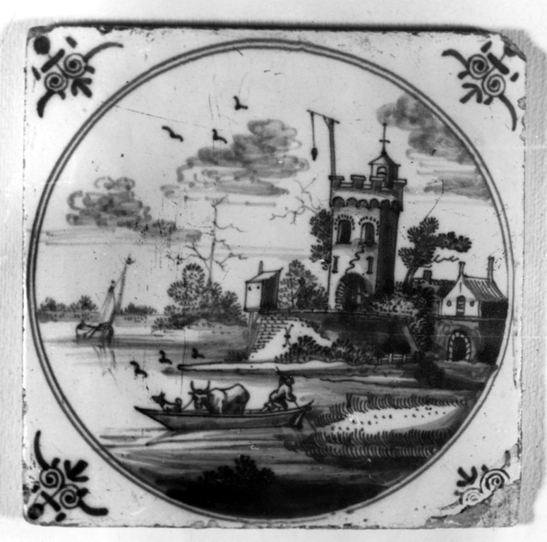 paesaggio in riva a un lago (mattonella) - manifattura di Delft (prima metà sec. XVIII)