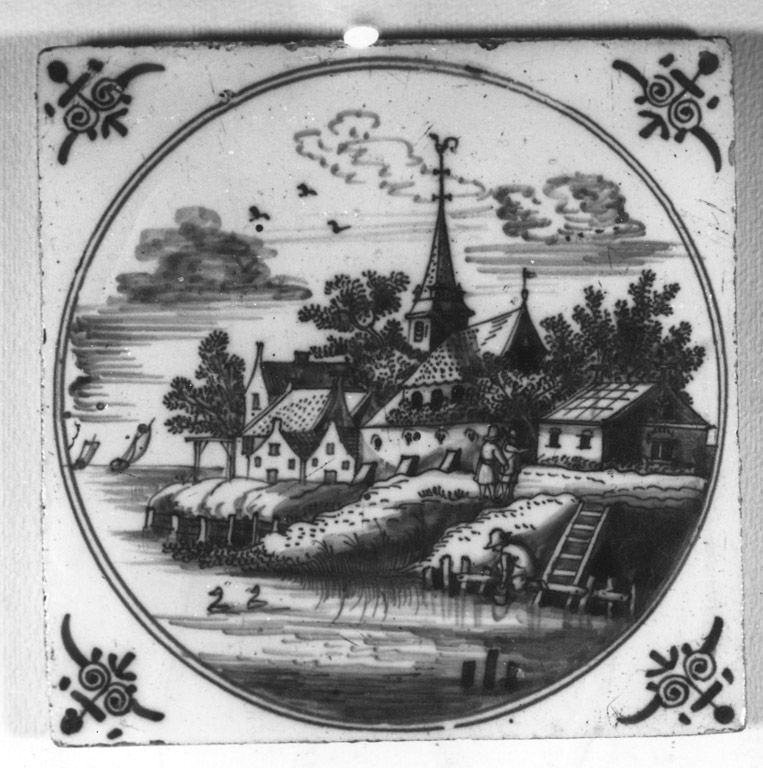 veduta di paese in riva al mare (mattonella) - manifattura di Delft (prima metà sec. XVIII)