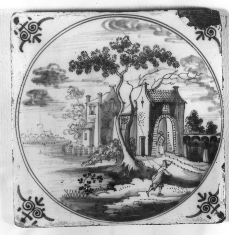 paesaggio in riva al mare con porta di città (mattonella) - manifattura di Delft (prima metà sec. XVIII)